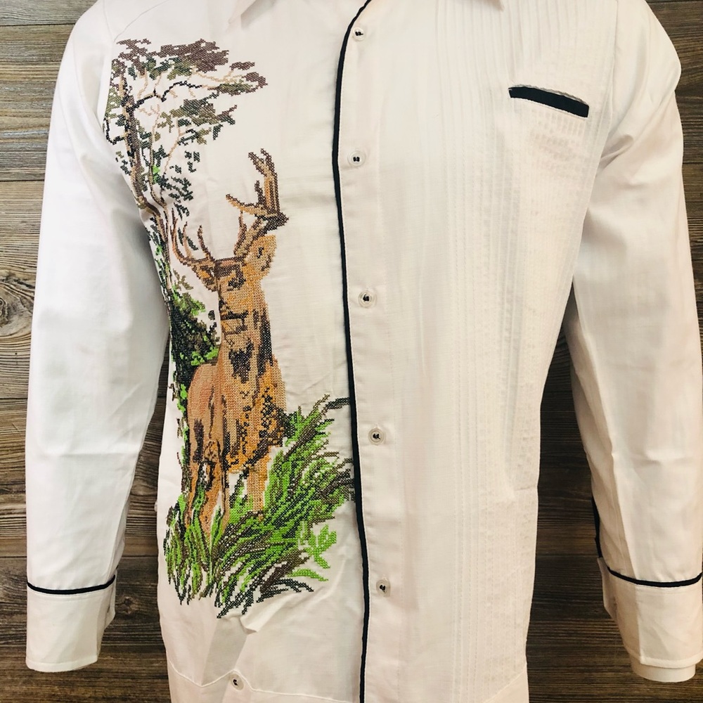 Mexican Guayabera Shirt White Linen Long Sleeve Deer Cross Stitch Embroidery